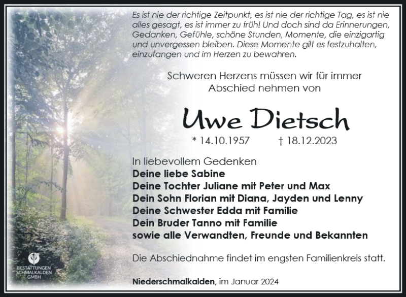  Traueranzeige für Uwe Dietsch vom 06.01.2024 aus 80048