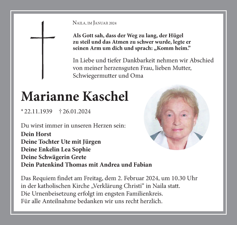  Traueranzeige für Marianne Kaschel vom 31.01.2024 aus Frankenpost