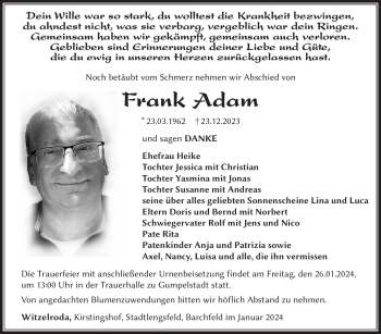Traueranzeige von Frank Adam von 80048
