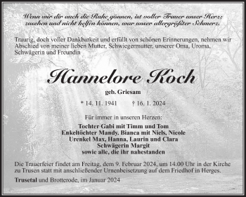Traueranzeige von Hannelore Koch von Südthüringer Presse