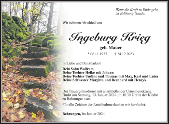 Traueranzeige von Ingeburg Krieg von 80048
