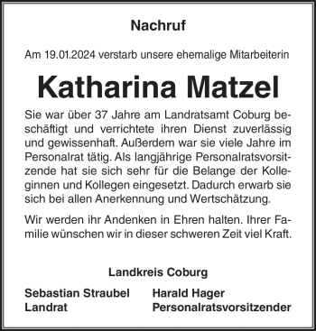 Traueranzeige von Katharina Matzel von Neue Presse Coburg
