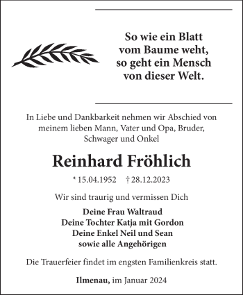 Traueranzeige von Reinhard Fröhlich von 80048