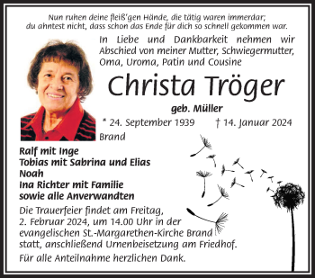 Traueranzeige von Christa Tröger von Frankenpost