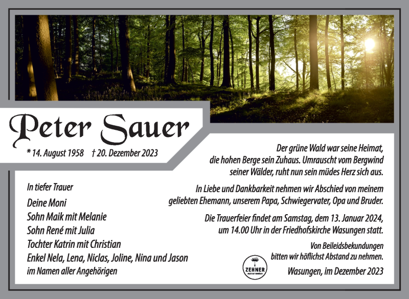  Traueranzeige für Peter Sauer vom 06.01.2024 aus 80048