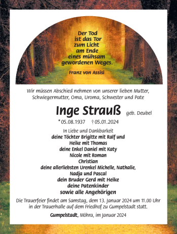 Traueranzeige von Inge Strauß von 80048