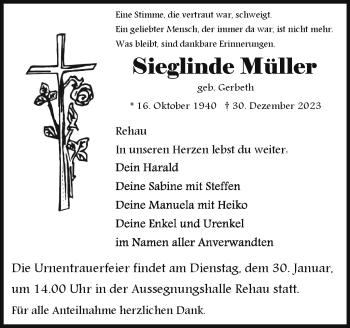 Traueranzeige von Sieglinde Müller von Frankenpost