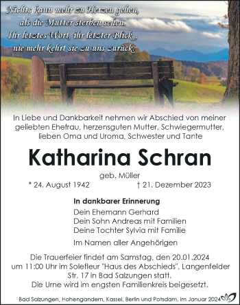 Traueranzeige von Katharina Schran von 80048