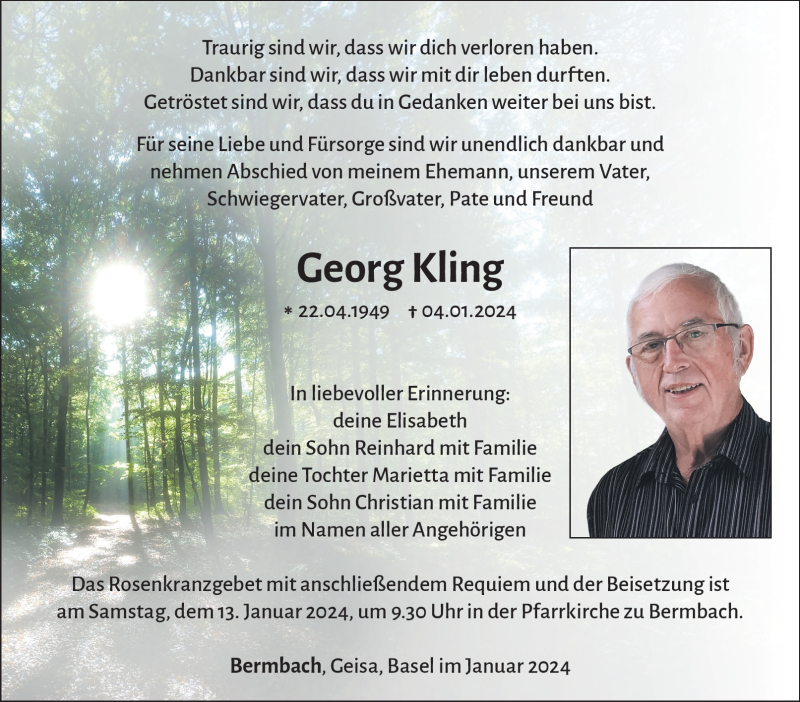  Traueranzeige für Georg Kling vom 10.01.2024 aus 80048