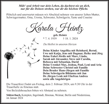 Traueranzeige von Karola Heintz von Südthüringer Presse