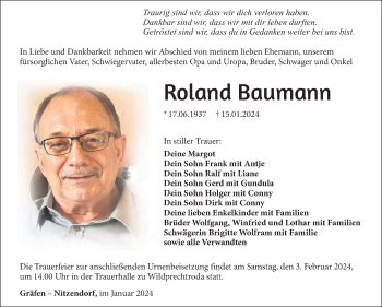 Traueranzeige von Roland Baumann von Südthüringer Presse