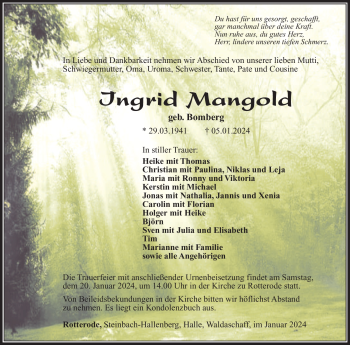 Traueranzeige von Ingrid Mangold von 80048