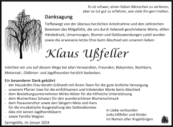 Traueranzeige von Klaus Ußfeller von Südthüringer Presse