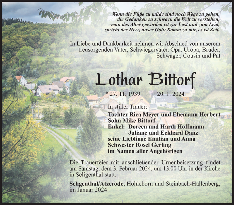  Traueranzeige für Lothar Bittorf vom 27.01.2024 aus Südthüringer Presse