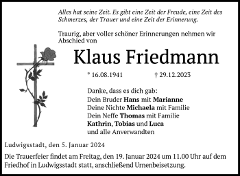 Traueranzeige von Klaus Friedmann von 80048