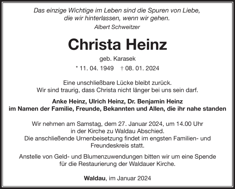  Traueranzeige für Christa Heinz vom 20.01.2024 aus 80048