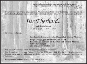 Traueranzeige von Ilse Eberhardt von Südthüringer Presse