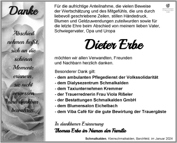 Traueranzeige von Dieter Erbe von Südthüringer Presse