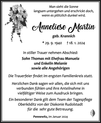 Traueranzeige von Anneliese Martin von Südthüringer Presse