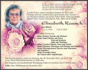 Traueranzeige von Elisabeth Rausch von Südthüringer Presse