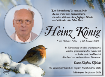 Traueranzeige von Heinz König von Südthüringer Presse