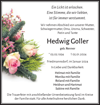 Traueranzeige von Hedwig Goller von Frankenpost