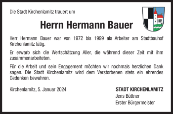 Traueranzeige von Hermann Bauer von 80048