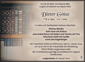 Traueranzeige von Dieter Götze von Südthüringer Presse