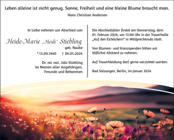 Traueranzeige von Heide-Marie Stiebling von Südthüringer Presse