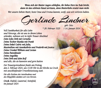 Traueranzeige von Gerlinde Lindner von Südthüringer Presse