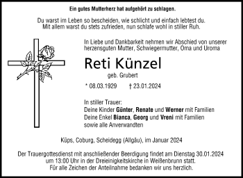 Traueranzeige von Reti Künzel von Neue Presse Coburg