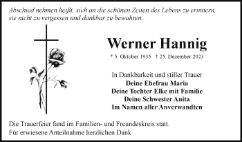Traueranzeige von Werner Hannig von Frankenpost