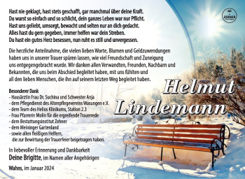 Traueranzeige von Helmut Lindemann von Südthüringer Presse