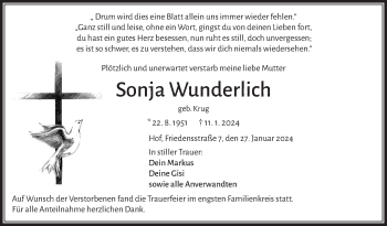 Traueranzeige von Sonja Wunderlich von Frankenpost