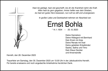 Traueranzeige von Ernst Bohla von Neue Presse Coburg