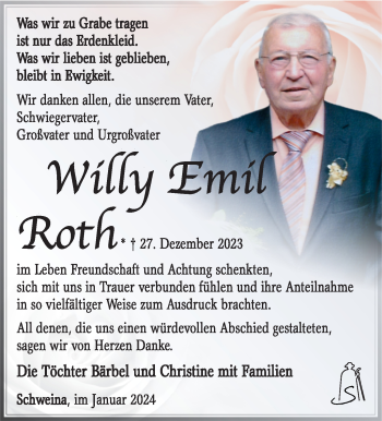 Traueranzeige von Willy Roth von Südthüringer Presse
