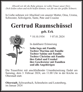 Traueranzeige von Gertrud Raumschüssel von Südthüringer Presse