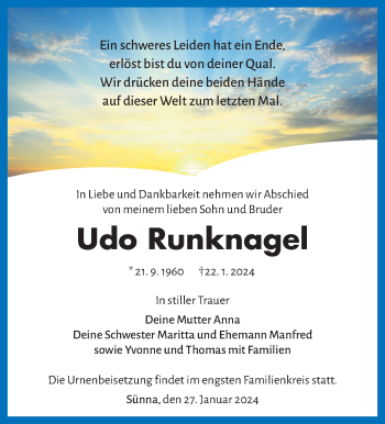 Traueranzeige von Udo Runknagel von Südthüringer Presse