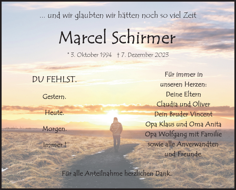  Traueranzeige für Marcel Schirmer vom 13.01.2024 aus 80048