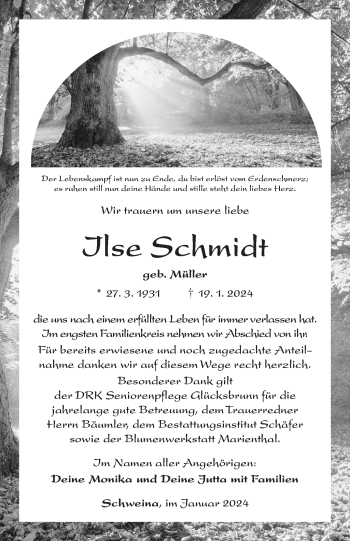 Traueranzeige von Ilse Schmidt von Südthüringer Presse