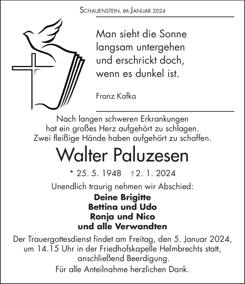  Traueranzeige für Walter Paluzesen vom 04.01.2024 aus 80048