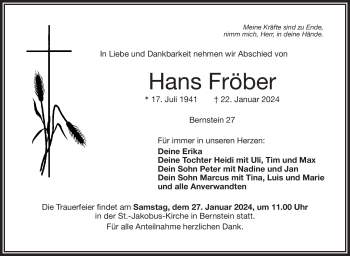 Traueranzeige von Hans Fröber von Frankenpost