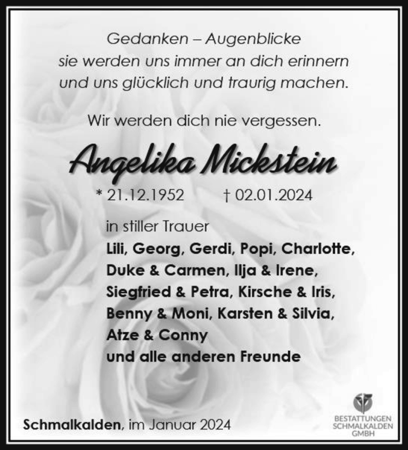  Traueranzeige für Angelika Mickstein vom 20.01.2024 aus 80048