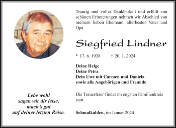 Traueranzeige von Siegfried Lindner von Südthüringer Presse
