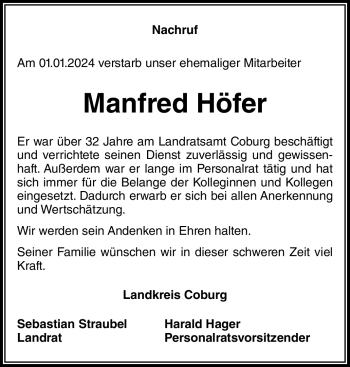 Traueranzeige von Manfred Höfer von 80048