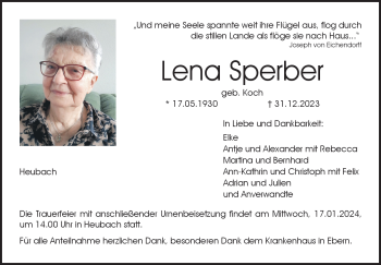 Traueranzeige von Lena Sperber von 80048