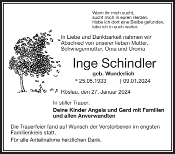 Traueranzeige von Inge Schindler von Frankenpost