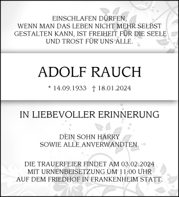 Traueranzeige von Adolf Rauch von Südthüringer Presse