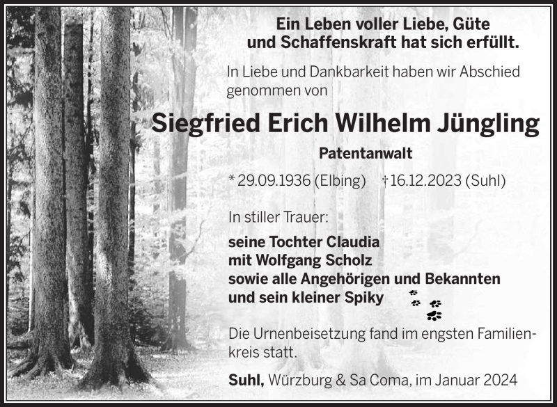  Traueranzeige für Siegfried Erich Wilhelm Jüngling vom 13.01.2024 aus 80048