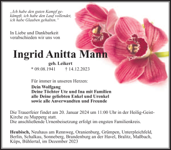 Traueranzeige von Ingrid Anitta Mann von 80048